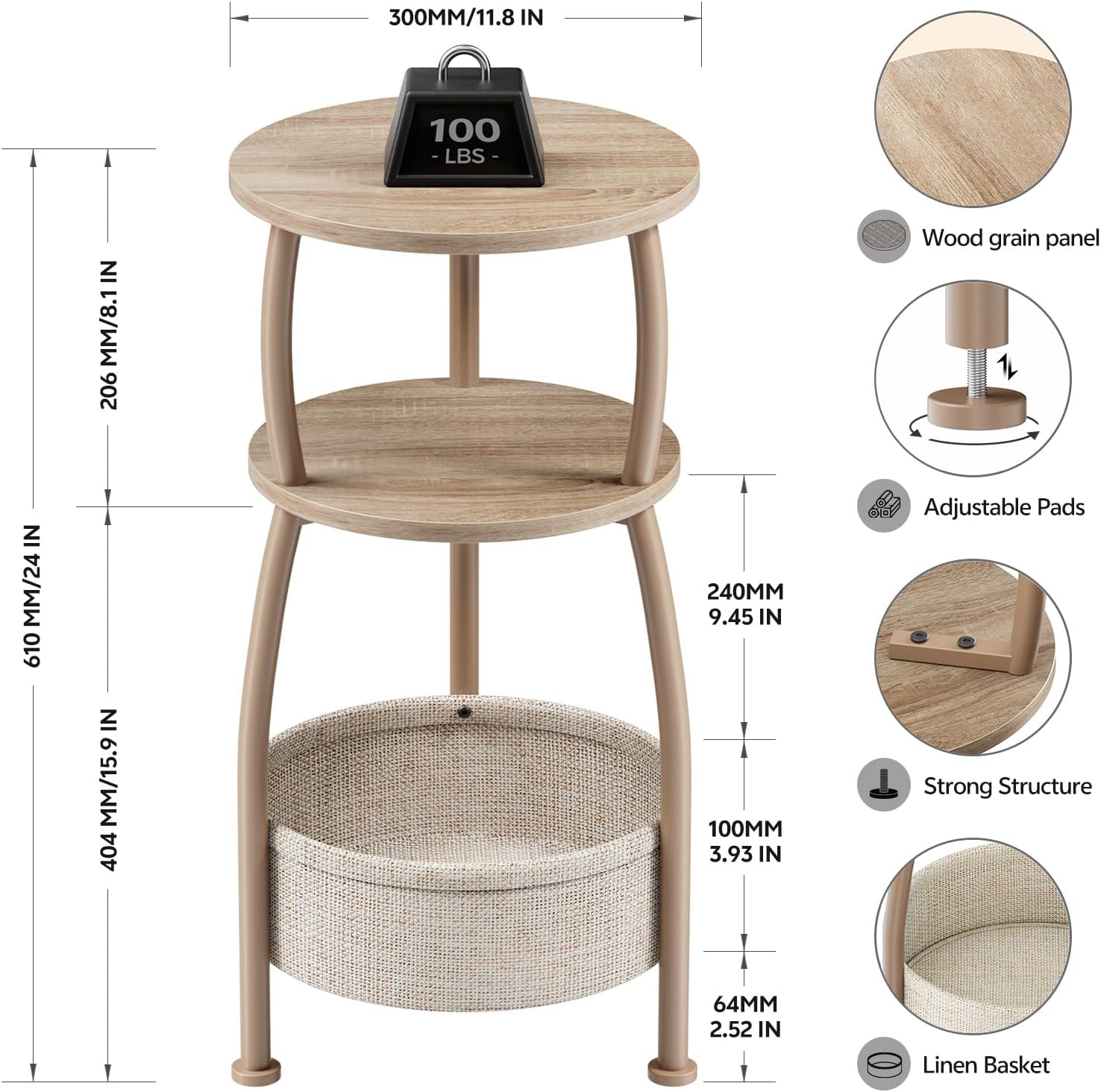 Small Side Table with Storage Basket, Space Saving Round End Table 3-Tier Bedside Corner Stand for Living Room, Bedroom, Garden and More 11.81in Light Oak