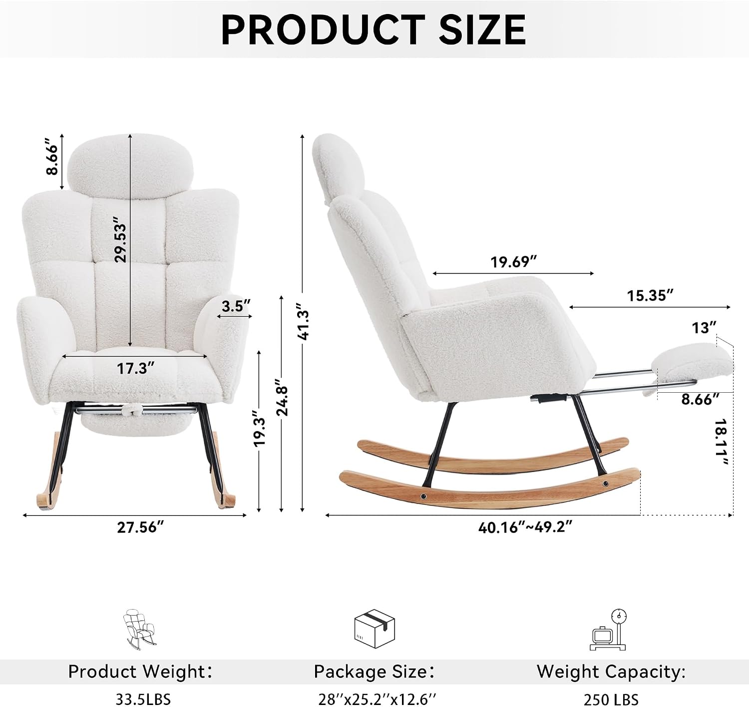 Teddy Fabric Upholstered Rocking Chair with Pillow & Footrest – Modern Accent Armchair with Padded Seat and High Backrest for Nursery, Living Room or Bedroom (Ivory)
