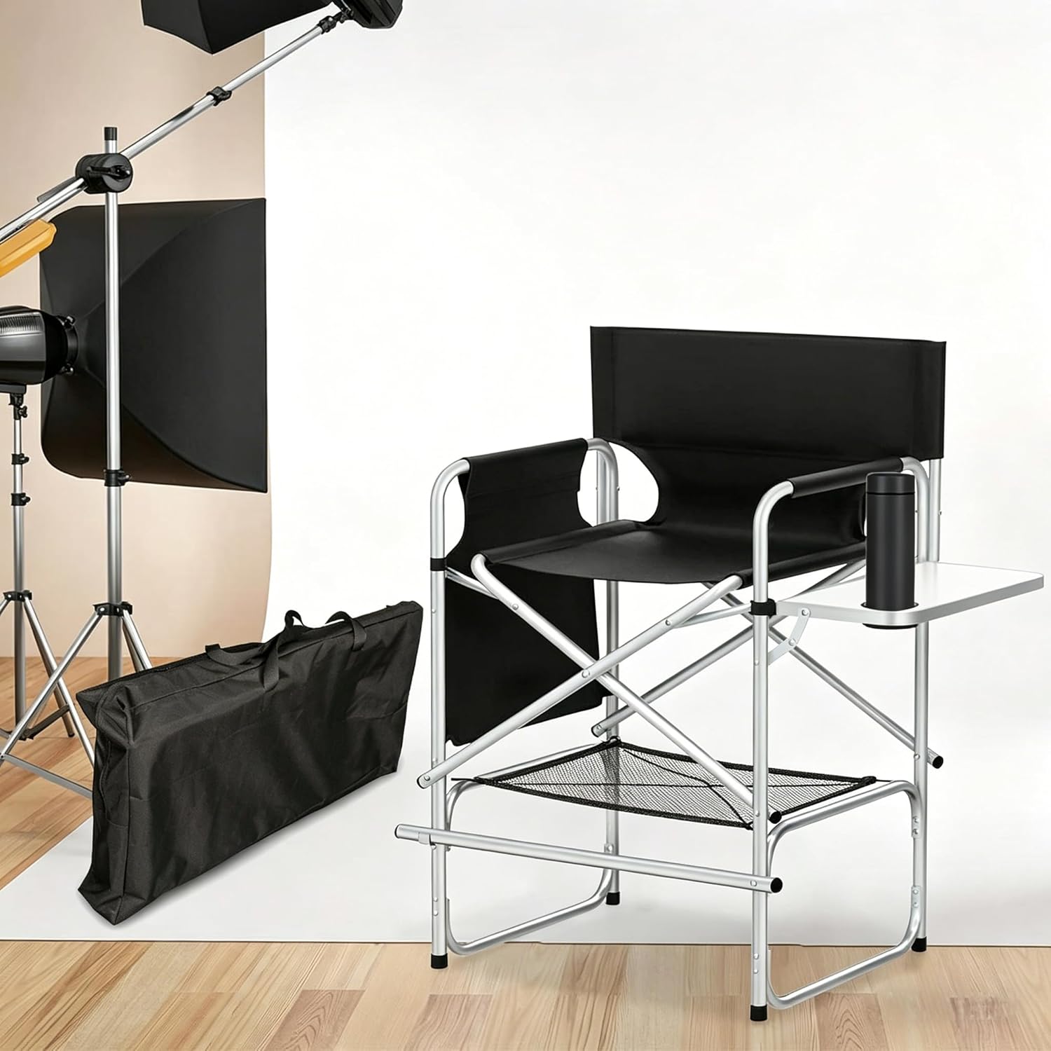 Tall Makeup Chair, Foldable Director Chairs, Portable Makeup Artist Chair w/Side Table Cup Holder Storage Bag and Footrest, 400LBS Load Capacity, Black, 41''