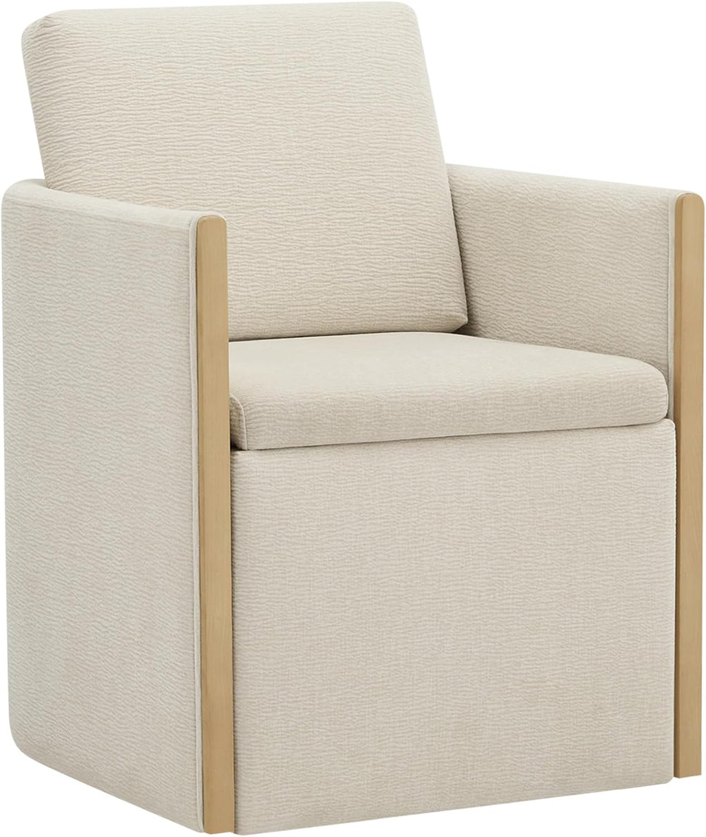 Watson & Whitely Upholstered Dining Chair with Casters, Modern Dining Room Chair with Hidden Seat Storage & Wood Arms, Rolling Dining Chair Chenille Armchair for Kitchen, Living Room, Linen