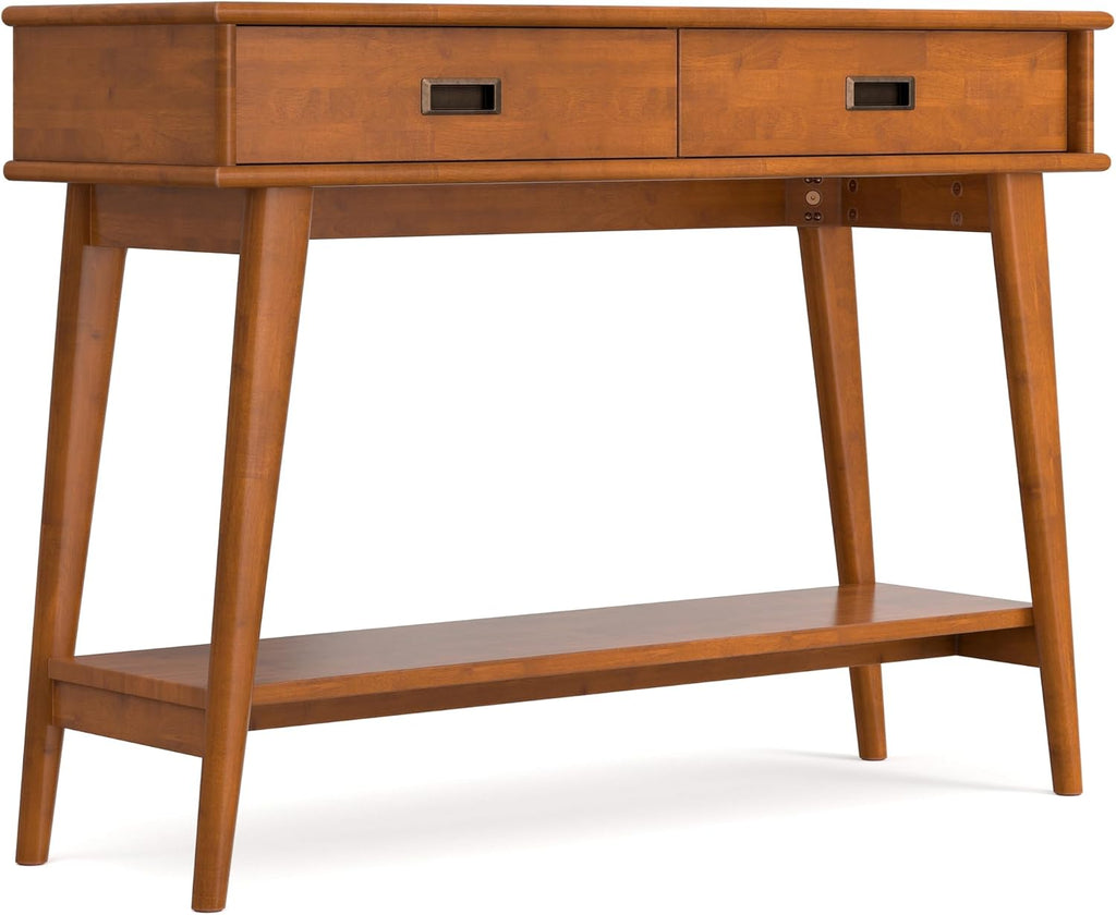 SIMPLIHOME Draper Console Table - 42 inch Wide Solid Wood Entryway Table in Teak Brown, Mid-Century Modern Accent Table for Hallway and Living Room with 2 Drawers and Open Shelf
