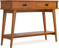 SIMPLIHOME Draper Console Table - 42 inch Wide Solid Wood Entryway Table in Teak Brown, Mid-Century Modern Accent Table for Hallway and Living Room with 2 Drawers and Open Shelf