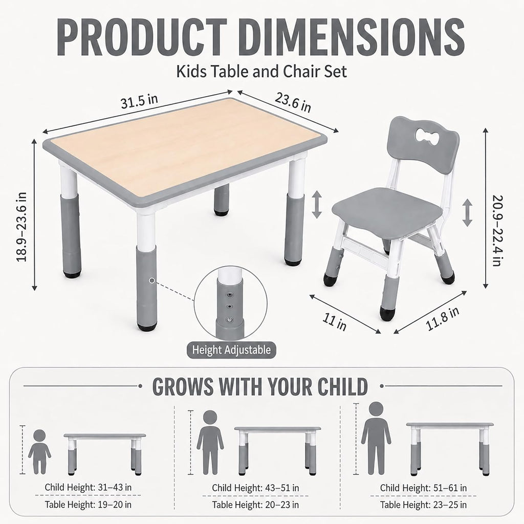 UNICOO Kids Table and Chairs Set, Height Adjustable Toddler Activity Table with 2 Chairs, Plastic Study Desk for Drawing, Crafts, Reading, Snack Time and Playroom, Ages 2-10