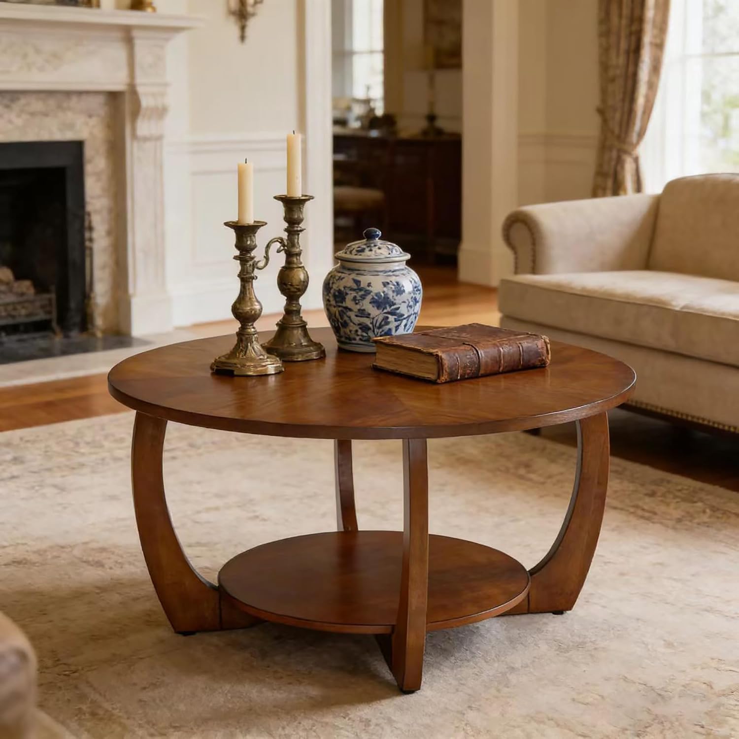 29.5" Round Coffee Table, 2-Tier Circle Coffee Table with Storage Removable Lower Shelf, Solid Wood Accent Center Table for Living Room, Curved Cross Legs & Walnut Finished, Easy Assembly, Dark Brown
