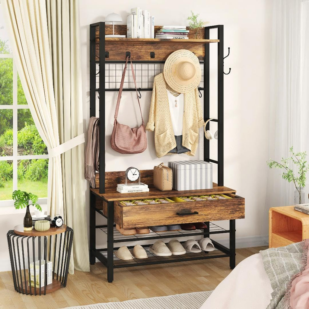 Recaceik Hall Tree with Bench and Shoe Storage, Entryway Coat Rack with Shoe Bench, Industrial Hall Tree with Drawers and 12 Hooks for Bedroom, Living Room