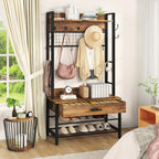 Recaceik Hall Tree with Bench and Shoe Storage, Entryway Coat Rack with Shoe Bench, Industrial Hall Tree with Drawers and 12 Hooks for Bedroom, Living Room