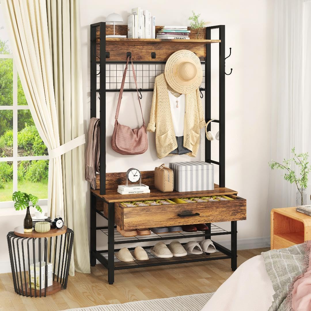Recaceik Hall Tree with Bench and Shoe Storage, Entryway Coat Rack with Shoe Bench, Industrial Hall Tree with Drawers and 12 Hooks for Bedroom, Living Room