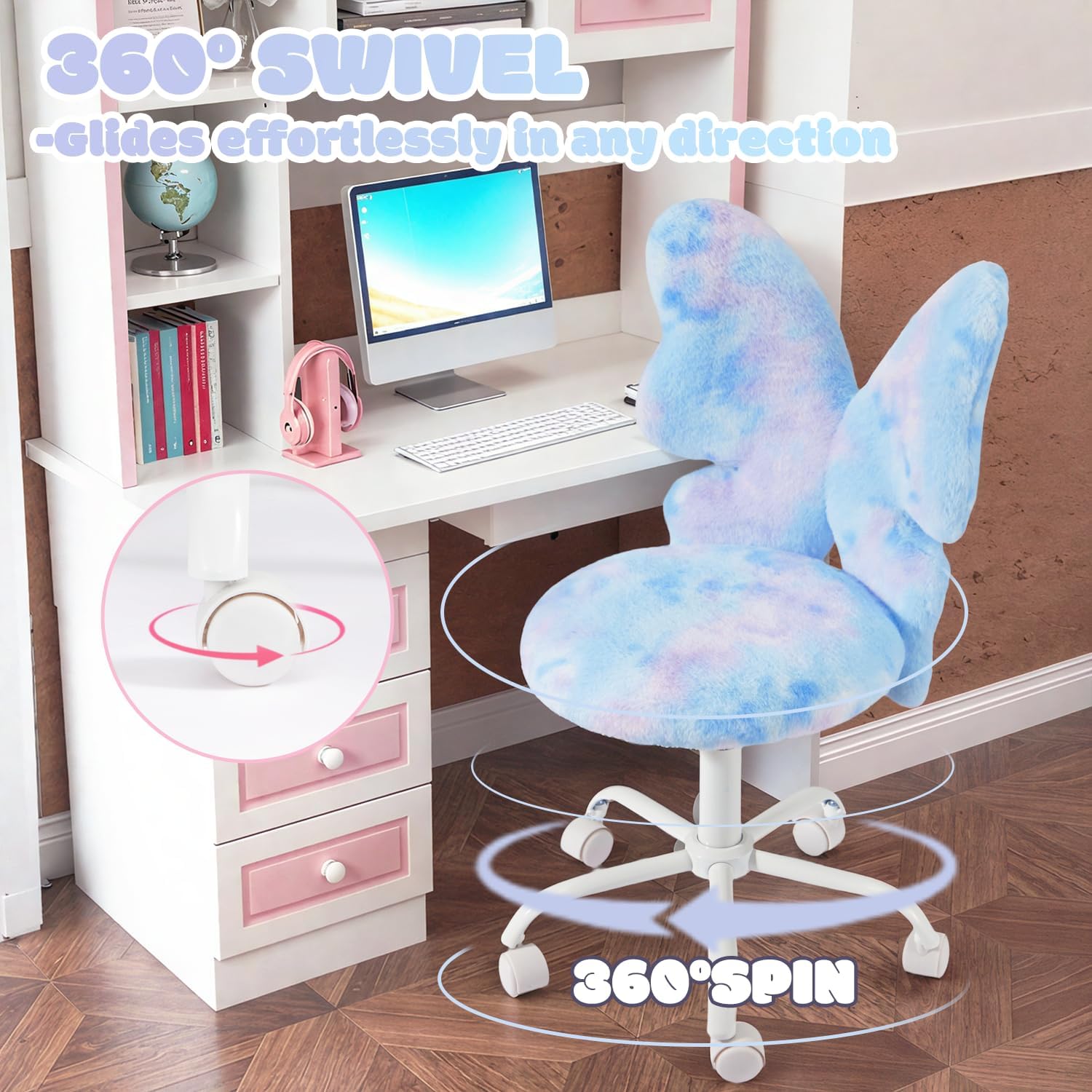 HOMREST Chair with Wheels,Cute Fluffy Desk Chair for Girls with Butterfly Back,Adjustable Seat Height, Faux Fur Swivel Vanity Chairs for Children Bedroom & Reading Room, Study/Vanity,Colorful Blue