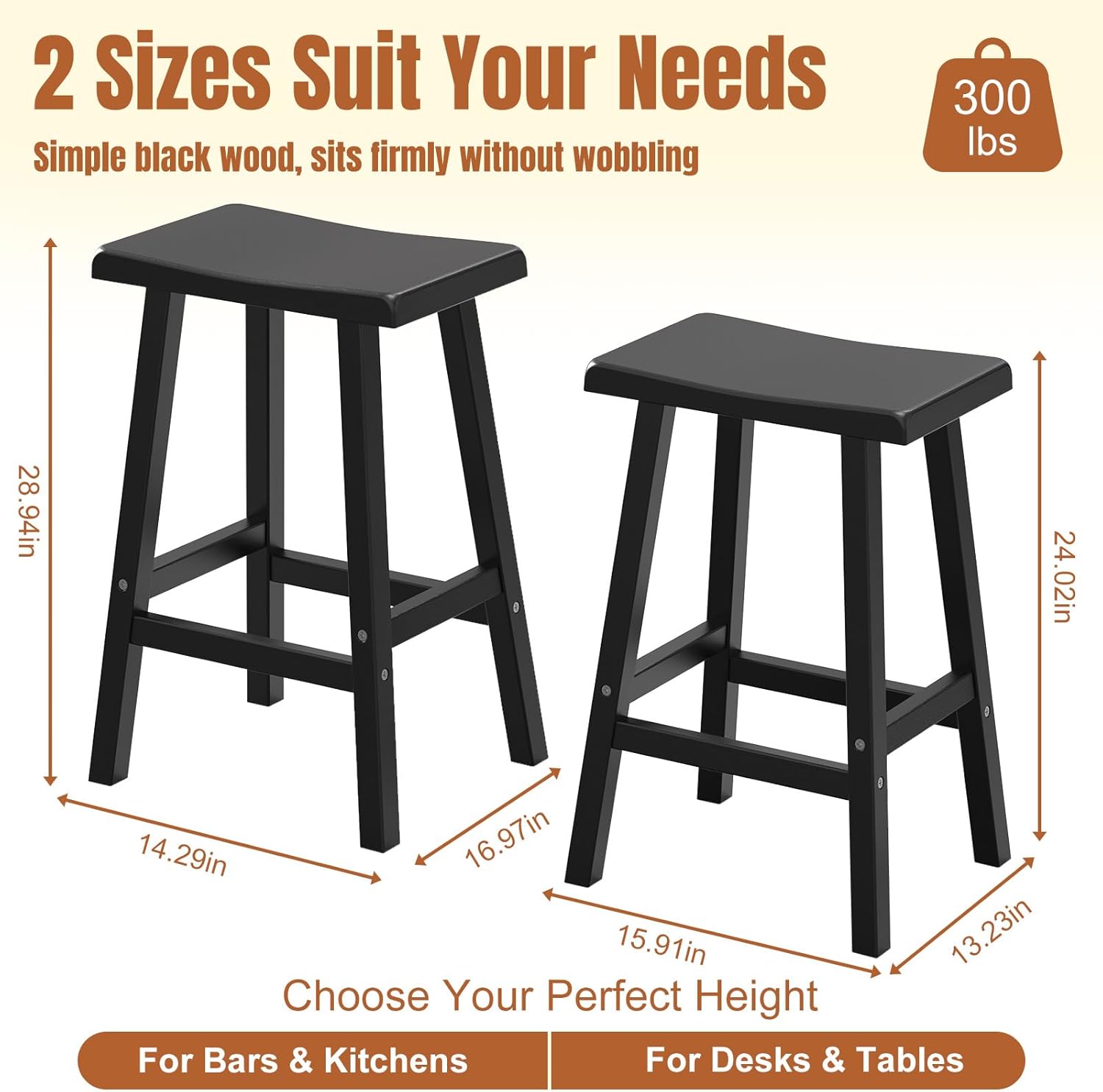 EFU Outdoor Bar Stools Set of 2,All-Weather Patio Stools & Bar Chairs, Heavy Duty Resin Saddle Stool with Protective Foot Pads,Waterproof 29 Inch Stool with Footrest for Deck,Balcony and Yard (Black)