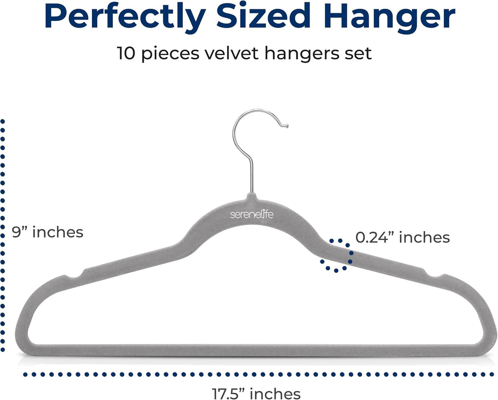 SereneLife Velvet Hangers – 10 Pack, Slim & Space Saving for Closets | Soft velvet grip prevents slipping on silk, satin & knitwear – 360° swivel hook fits all standard closet rods