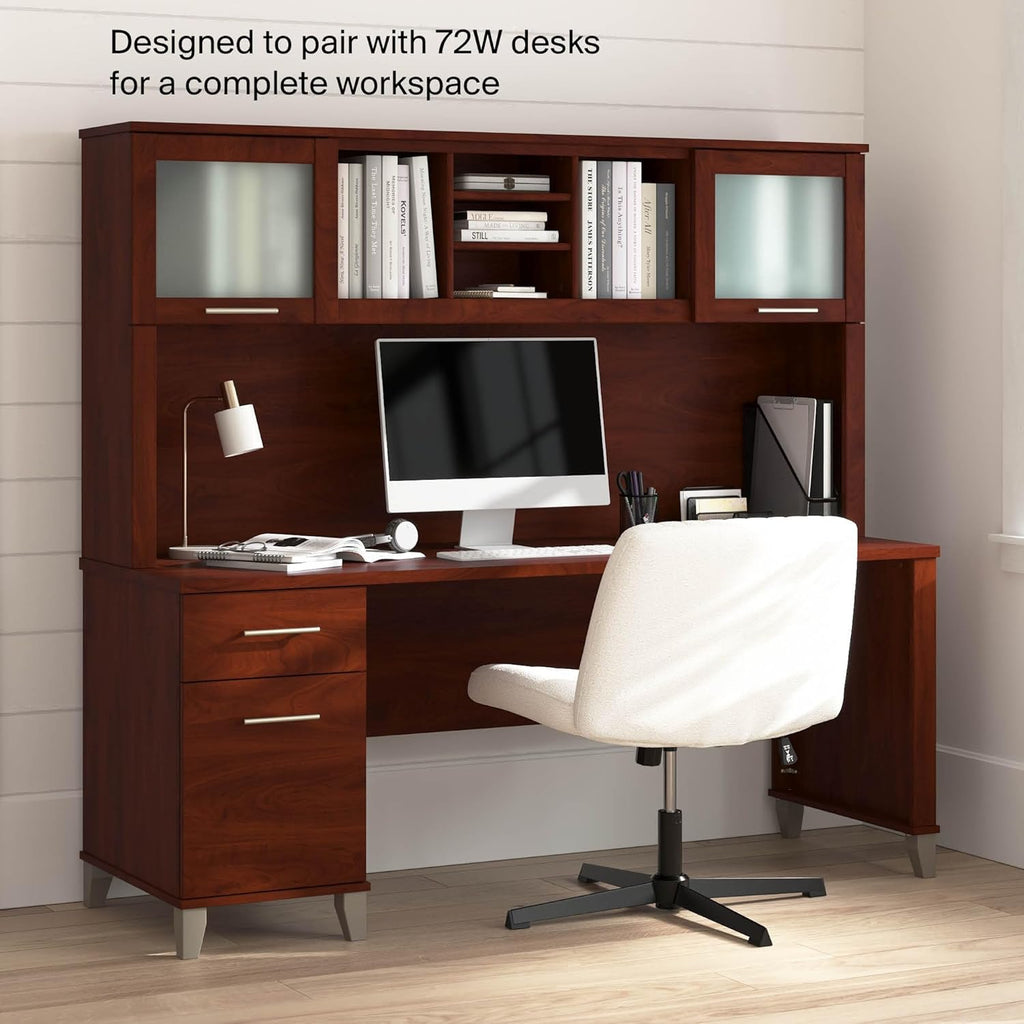 Bush Home 72-Inch Desk Hutch, Office Storage Organizer with Shelves, Cubbies and Frosted Glass Doors for Computer Desk, Home Office Furniture, Somerset Collection, Hansen Cherry