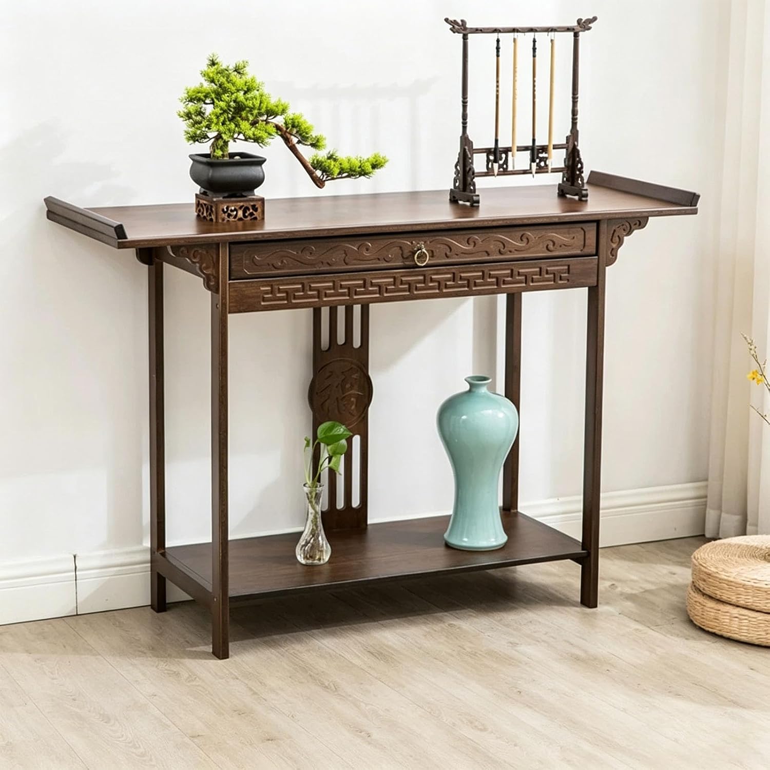 Altar Table Personal Meditation Shrine,with Storage Pooja Cabinet Altar Supplies,Retro Chinese Style Pooja Mandir,for Pooja and Incense Tribute Walnut 31.5 x 15.7 x 31.5in