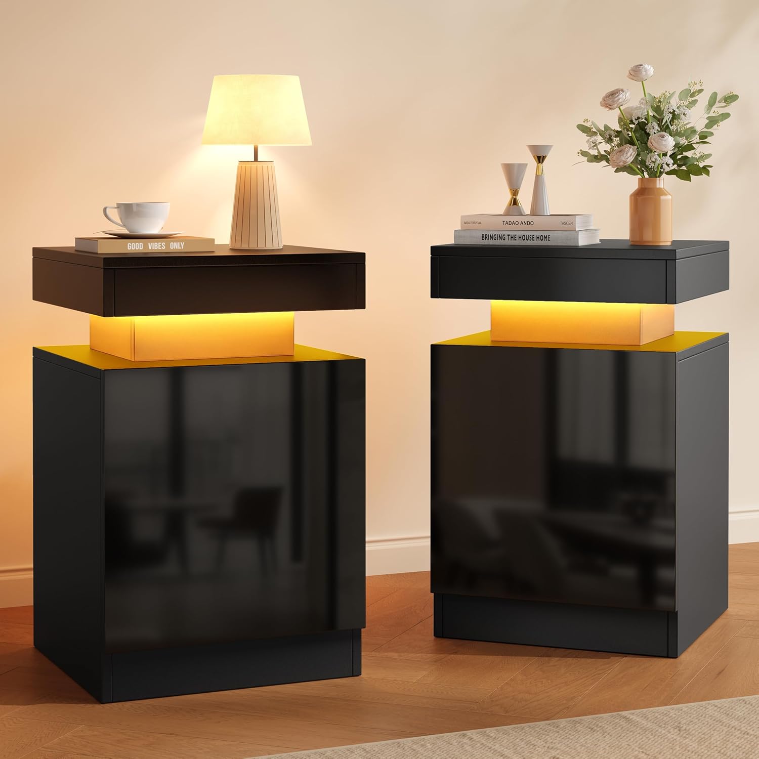 Nightstands Set 2, 15 Inches LED Night Stand Set of 2, Modern Bedside Table with LED Lights, High Gloss Surface, End Table with Storage for Bedroom, Black