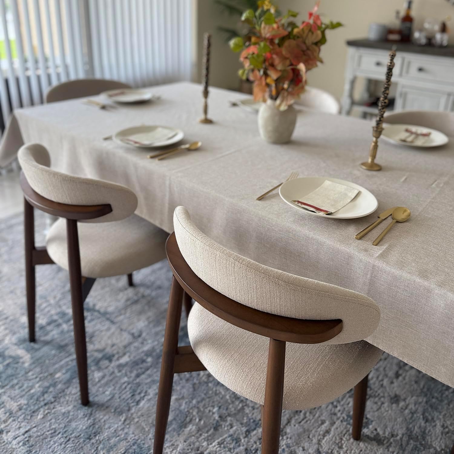 COLAMY Mid-Century Modern Wooden Dining Chair Set of 4, Indoor Upholstered Kitchen Chairs with 2.6" Cozy Padded Seat, Walnut Finish Side Dining Chair for Dining Room & Kitchen, Beige