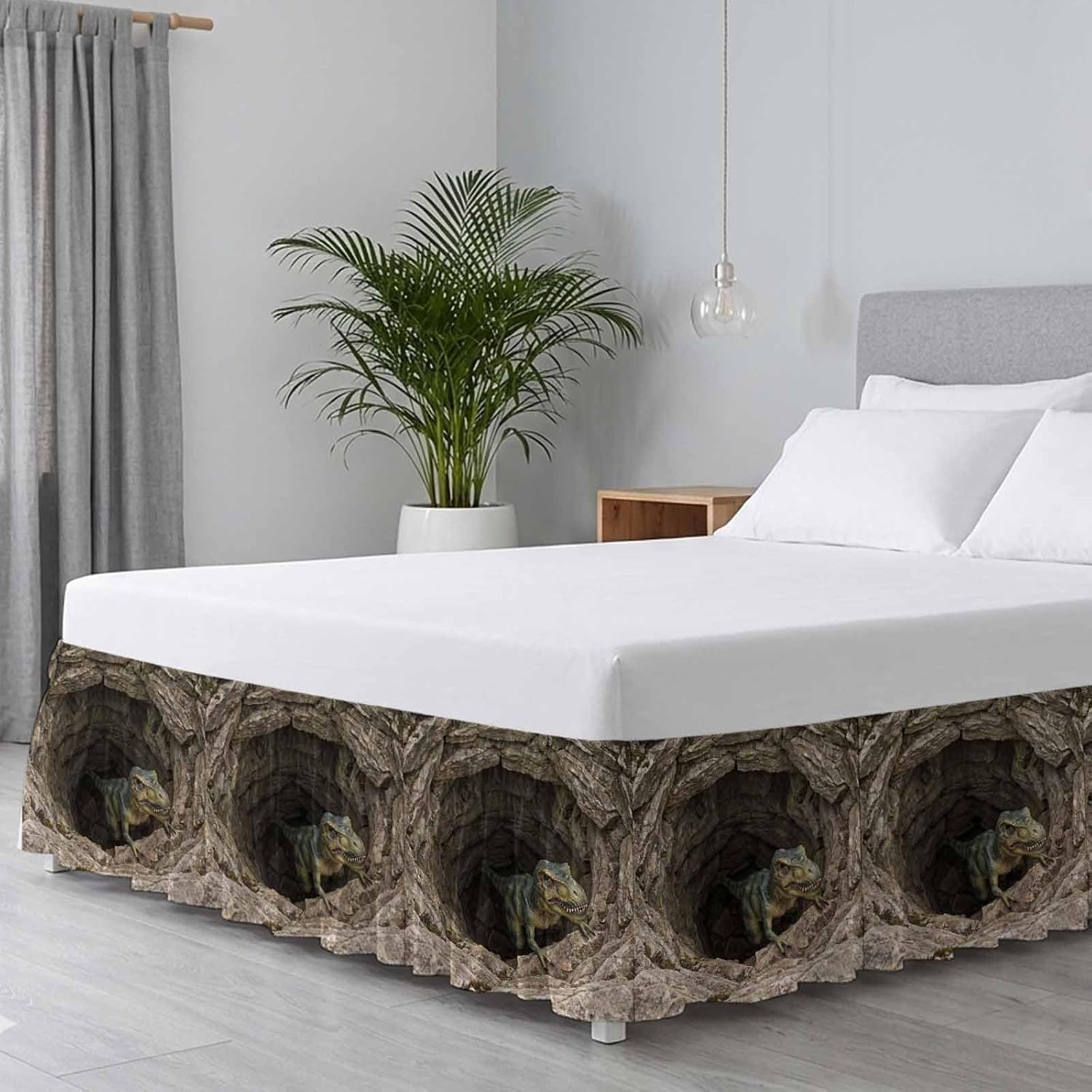 3D Optical Illusion Bed Skirt Full/Queen Size Bed Skirting 16 Inch Drop Adjustable Elastic Dust Ruffles Wrap Around Bedskirt Pleated Nature Dinosaur Stones Brown Bedding Frame Cover for Dorm