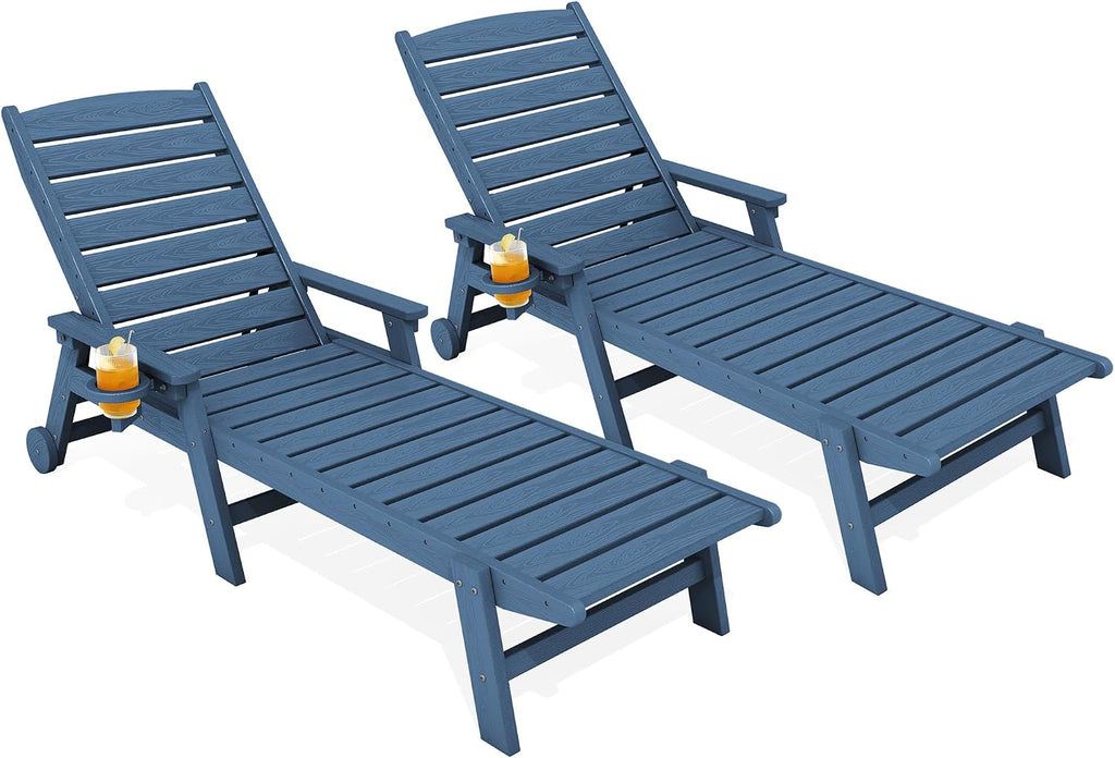 KINGYES HDPE Lounge Chair Outdoor Set of 2, Patio Chaise Lounge Recliner with Cup Holder All Weather Pool Lounger for Outside, Blue