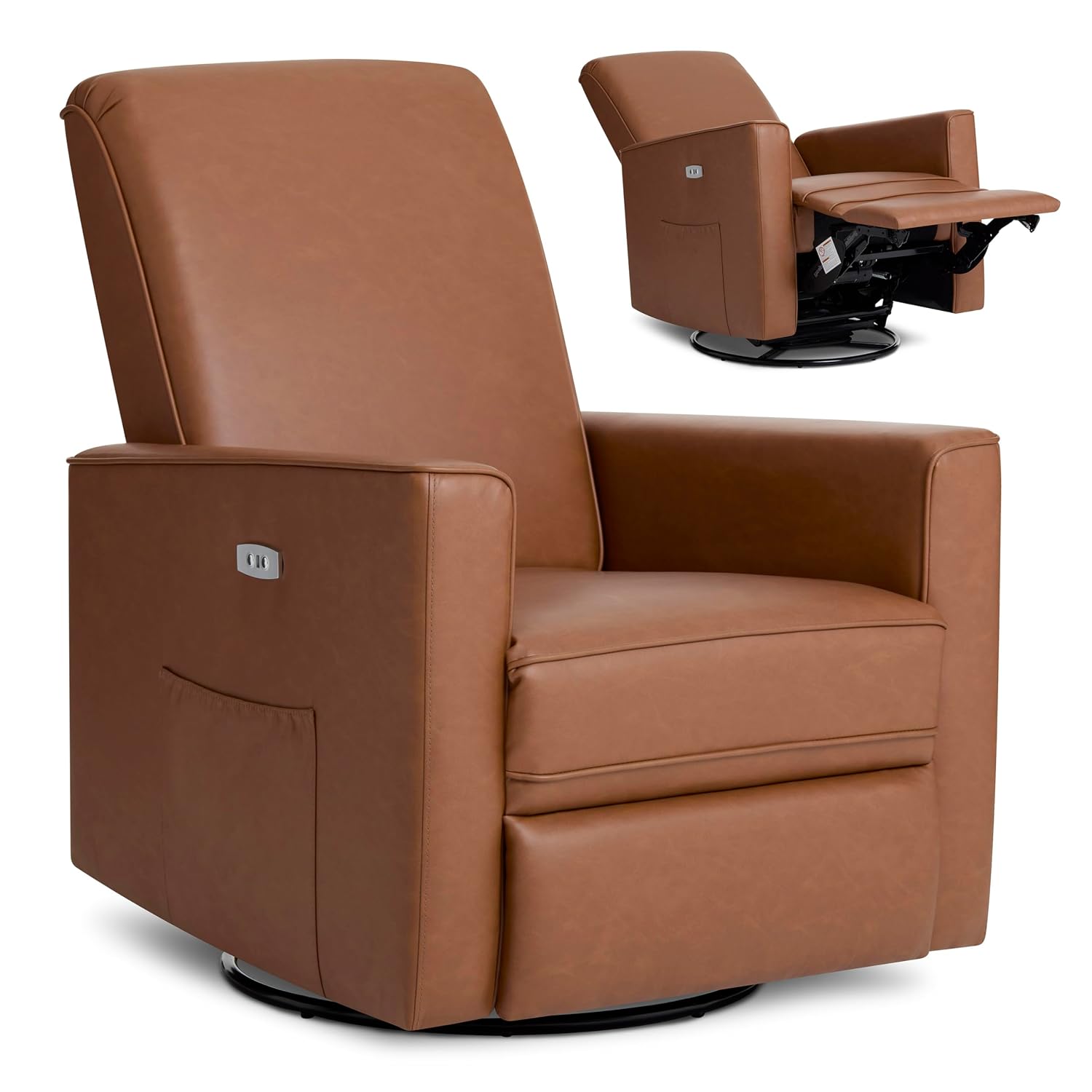 Evolur Harlow Upholstered Power Glider Recliner with USB Charging – Rocking & 275° Swivel with Smooth Glide – Greenguard Gold & FSC Certified – Modern Nursery and Living Room Chair in Cognac