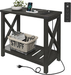 Hadulcet Farmhouse Side Table with Charging Station - Narrow Bedside Table for Small Space, Slim End Table, Rustic X-Design Nightstand for Living Room, Bedroom, Classic Black