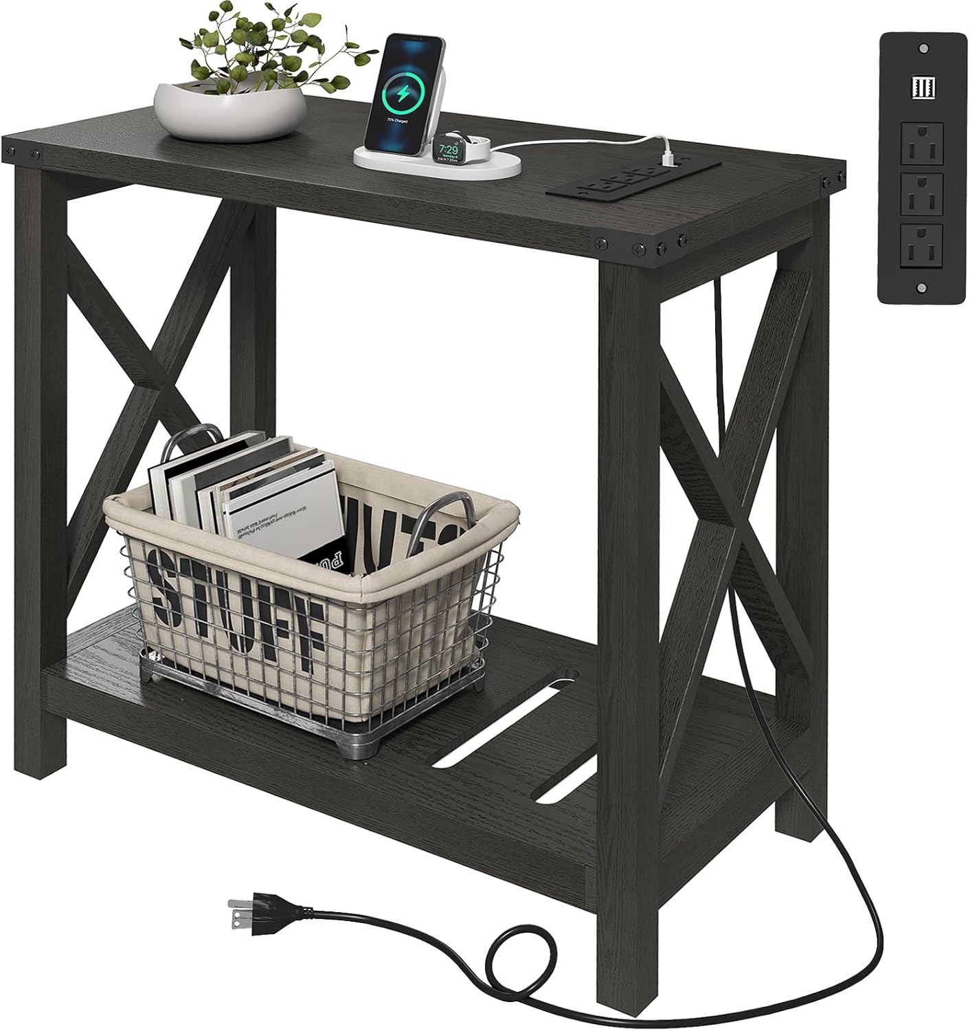 Hadulcet Farmhouse Side Table with Charging Station - Narrow Bedside Table for Small Space, Slim End Table, Rustic X-Design Nightstand for Living Room, Bedroom, Classic Black