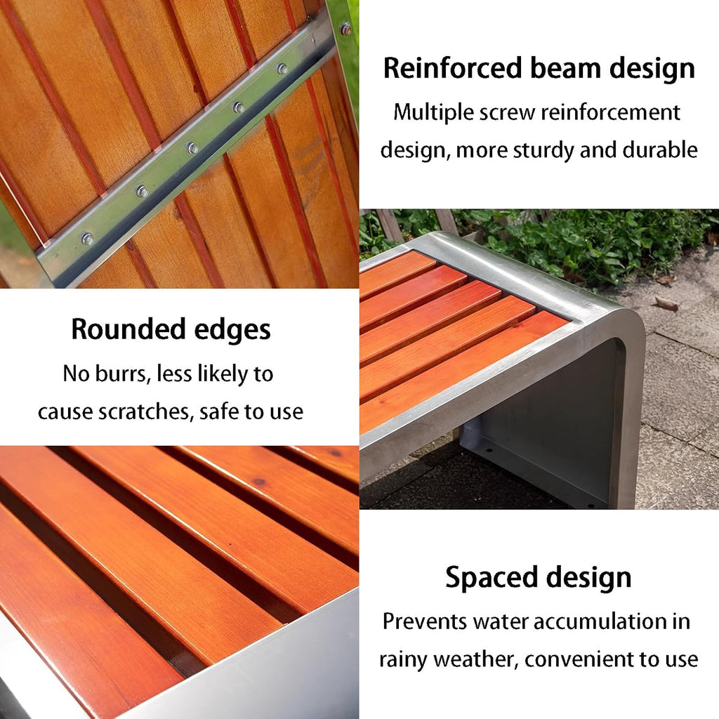 Outdoor Bench with Wooden seat and Stainless Steel Legs, Capable of Supporting 1000kg, Suitable for Stations, Parks, courtyards, and Streets Yellow - Loop-Shaped 150cm