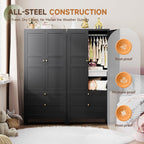 Letaya Metal Armoire Wardrobe Closet with 2 Drawers,18" Deep Clothing Storage Cabinet with Doors and Shelves,Coat Closet with Hanging Rod,Bedroom,Home,Cloak Room-Black