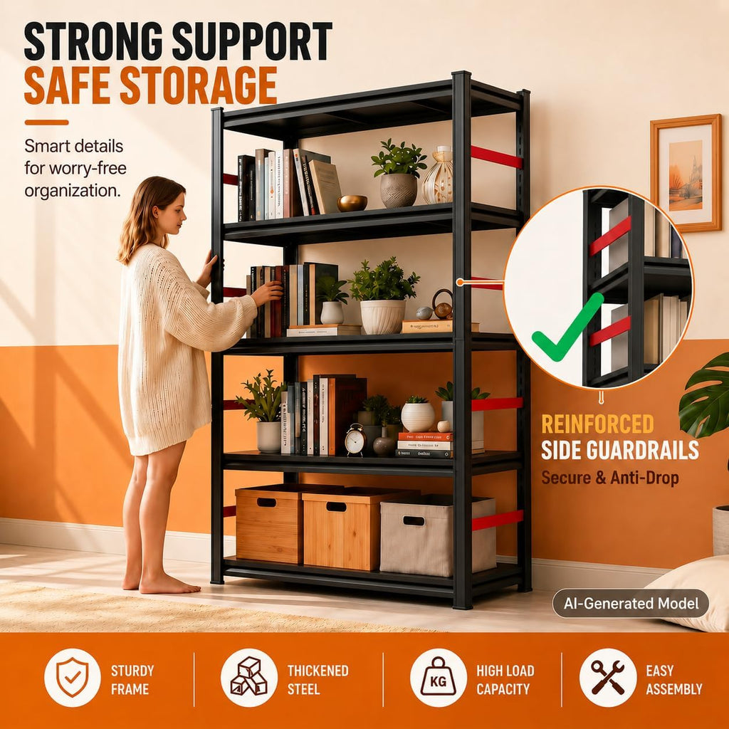 Bolt-Free 5 Tier Metal Bookshelf, 71"H Adjustable Tall Bookcase with Anti-Drop Fence, 1500LBS Heavy Duty Deep Book Shelf, Large Office Bookshelf, Modern Storage Shelves for Bedroom, LivingRoom, Garage