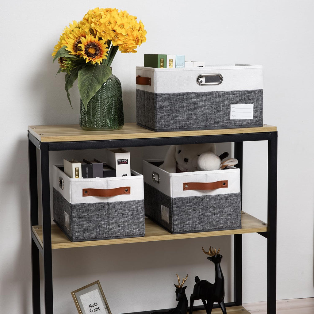 PRANDOM Larger Foldable Storage Bins with Handles [3-Pack] Fabric Collapsible Storage Boxes Baskets Cubes Containers with Handles for Closet Living Room Bedroom (Grey & White 17.3x12.2x10.4')