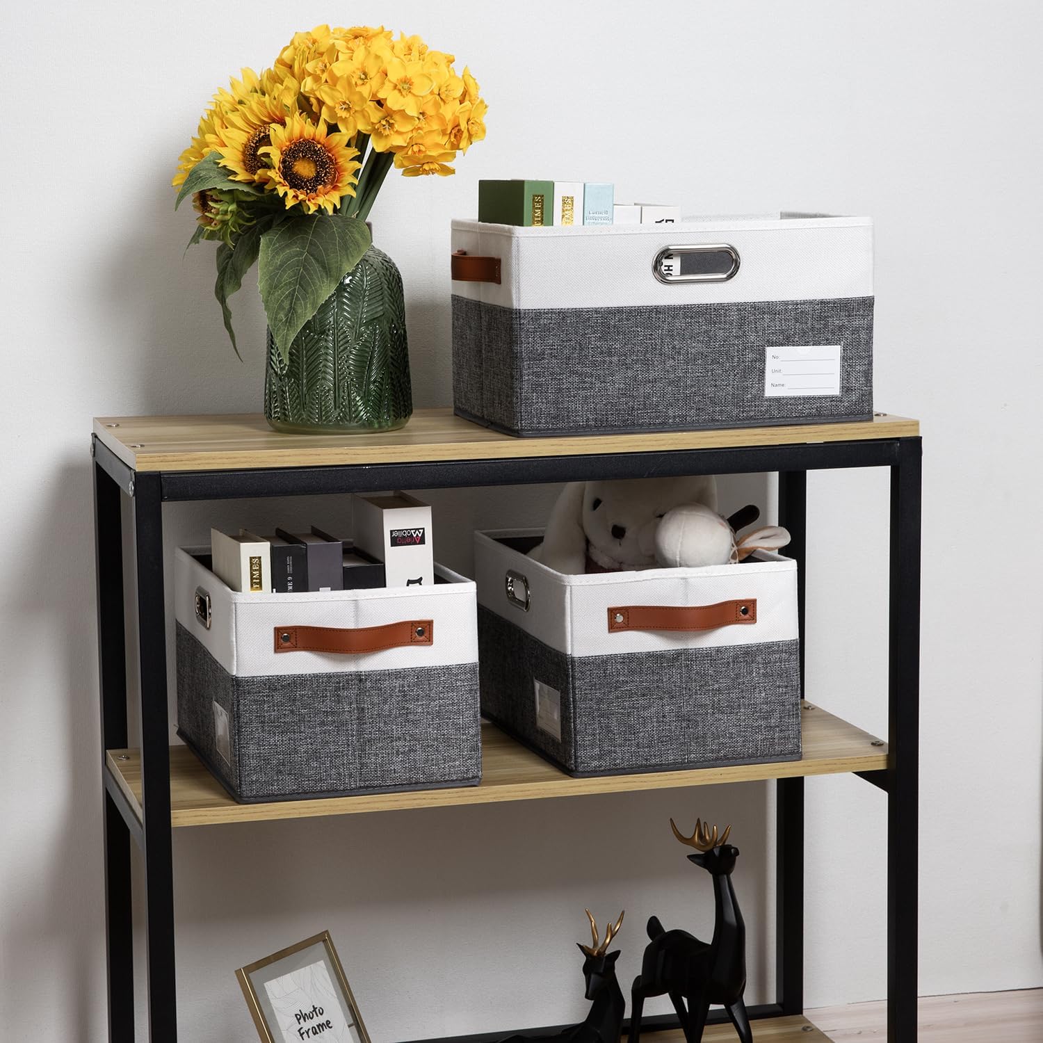 PRANDOM Larger Foldable Storage Bins with Handles [3-Pack] Fabric Collapsible Storage Boxes Baskets Cubes Containers with Handles for Closet Living Room Bedroom (Grey & White 17.3x12.2x10.4')