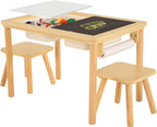 Bateso Sensory Table for Toddlers 1-3 with 2 Chairs & Roll Paper, Wooden Kid Activity Table Chair Set with Double-Sided Boards and 2 Storage Bins for Sand and Water Play