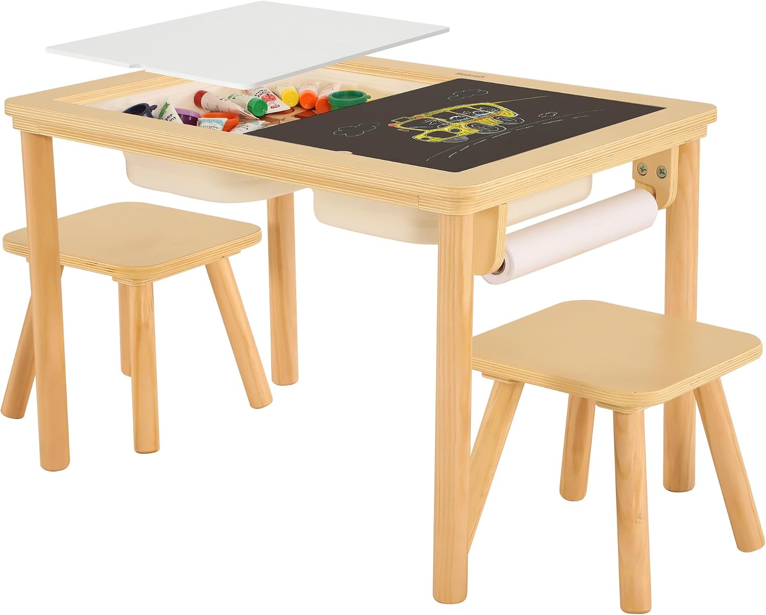 Bateso Sensory Table for Toddlers 1-3 with 2 Chairs & Roll Paper, Wooden Kid Activity Table Chair Set with Double-Sided Boards and 2 Storage Bins for Sand and Water Play