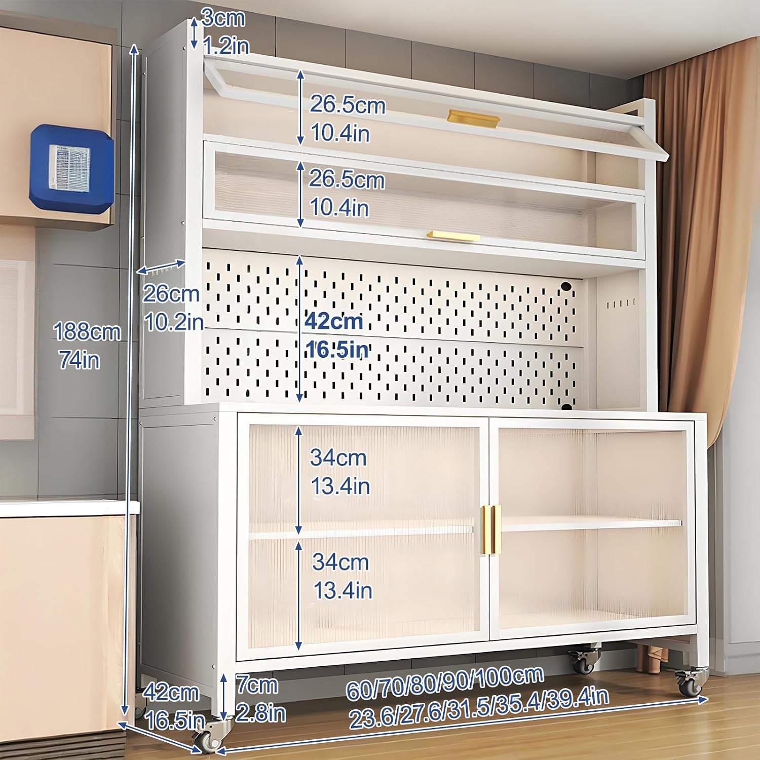 Kitchen Pantry Storage Cabinet with Adjustable Shelves, Pantry Storage Cabinet, Freestanding Cupboard for Kitchen, Dining Room(Gray,188x100cm/74x39.4in)