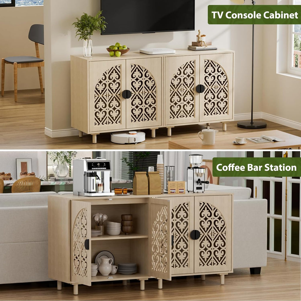 Set of 2 Sideboard Buffet Cabinet, Boho Storage Cabinet with Doors and Shelves, Curved Accent Cabinet with Hollow Door for Living Room, Kitchen, Hallway, Beige
