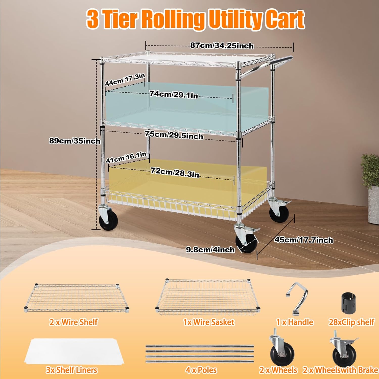 3-Tier Rolling Cart, Utility Metal Wire Cart, 30" D x 18" W x 35" H | 4'' Locking Wheels, Adjustable Shelves, 661 LBS Capacity, Complying with NSF, Heavy Duty, For Home Kitchen Garage Office