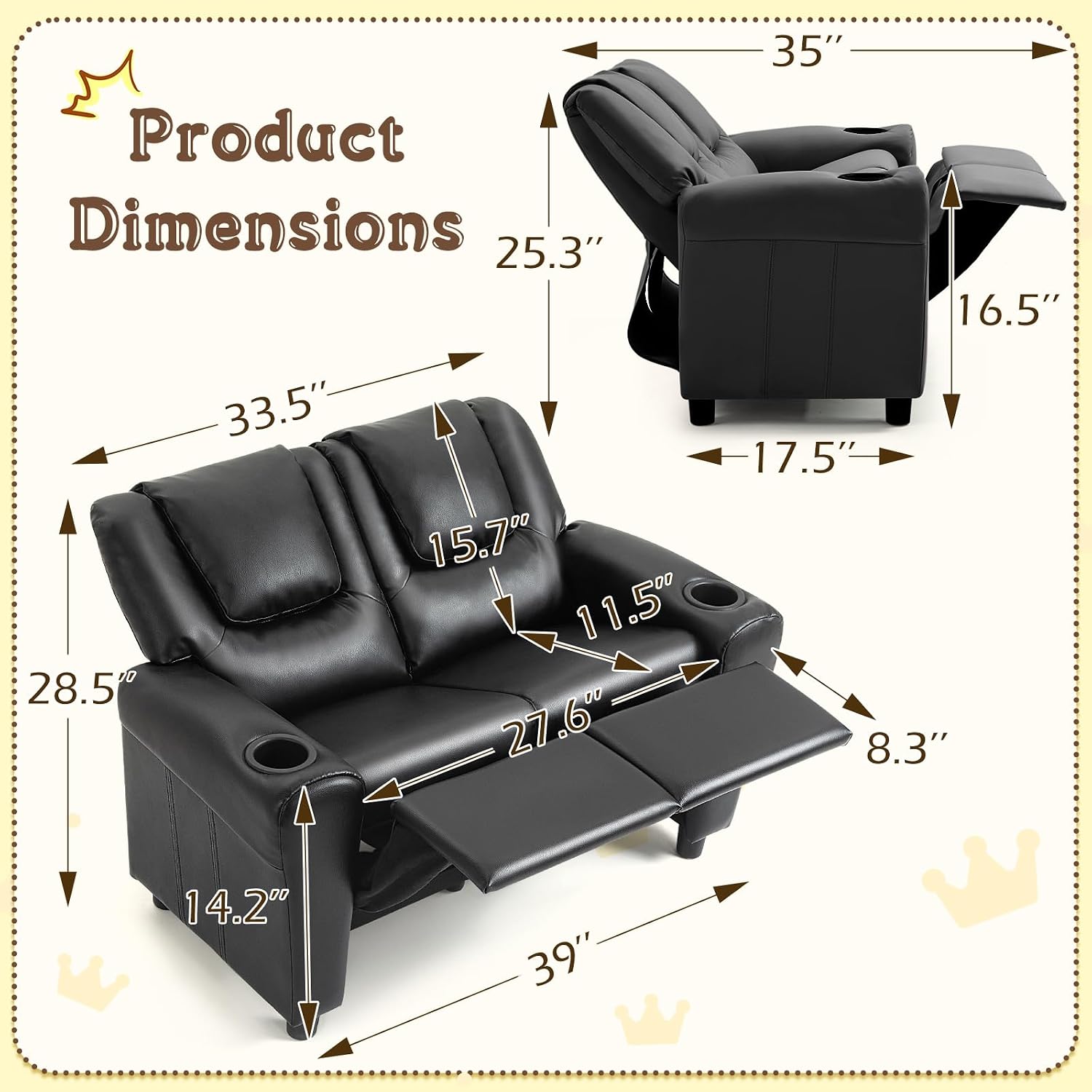 AVAWING Kids Recliner Chair, Double PU Leather Kids Loveseat w/Cup Holder, Lounge Sofa Chair w/Adjustable Footrest & Headrest for Boys Girls 3+ Age Group, Black