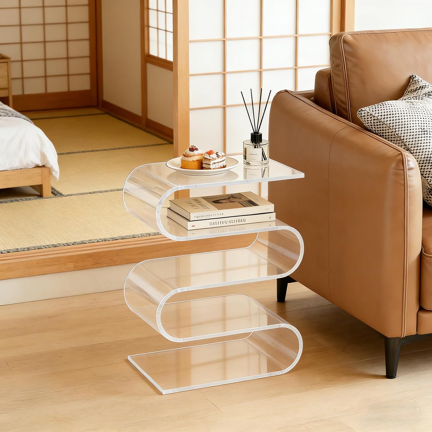 S-Shaped End Table, Clear Acrylic Nightstand, Multipurpose Side Table for Bedrooms, Living Rooms, Balconies, Bookstores