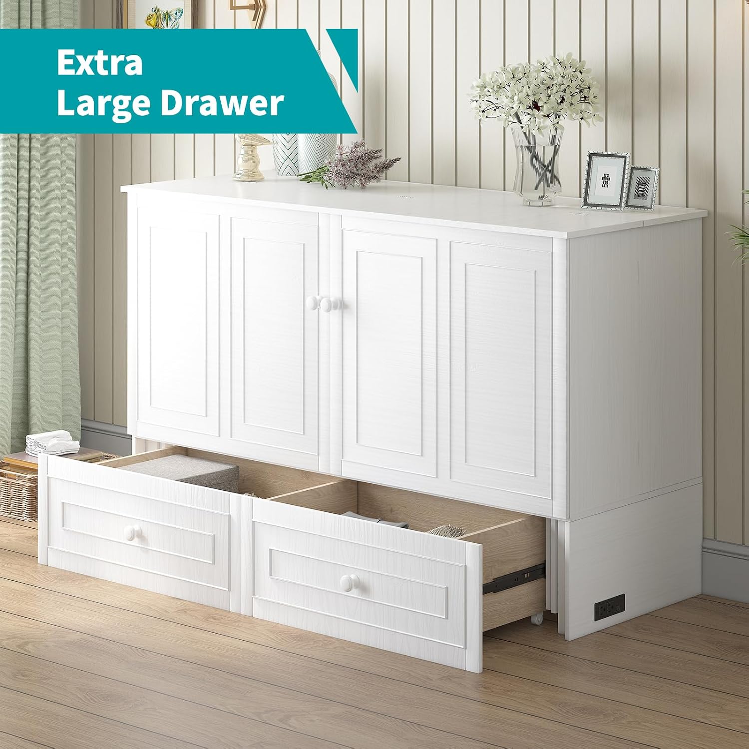 BALUS 63" W Murphy Bed Queen, Murphy Cabinet Beds with Tri-Fold Mattress & USB Charging Station, Space-Saving Wooden Wall Bed Cabinet with 2 Large Storage Drawers for Living Room Apartment, White