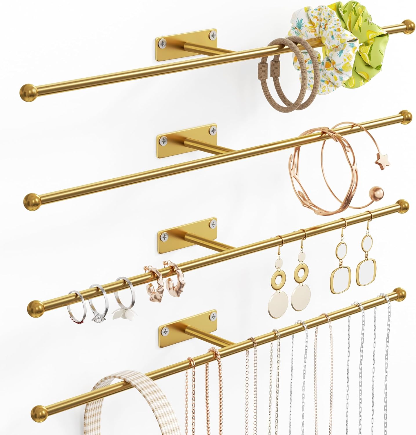 Wall Hanging Jewelry Organizer: 12.6'' Necklace Holder for Earring, Bracelet, Rings, Hairband, Glasses, Gold 4-Pack, Screws Included