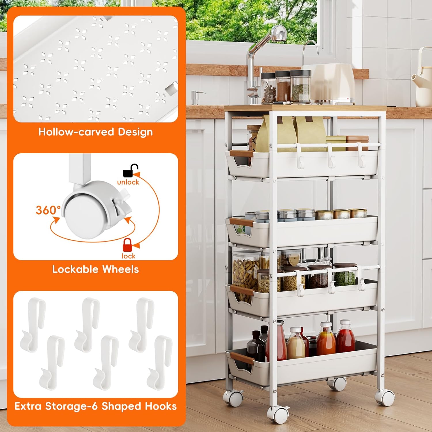 5-Tier Slim Storage Cart, Wooden Top Rolling Kitchen Cart with Pull-Out Baskets & Wheels, Narrow Space Utility Cart Slide Out Organizer for Kitchen, Bathroom, Laundry Room, White