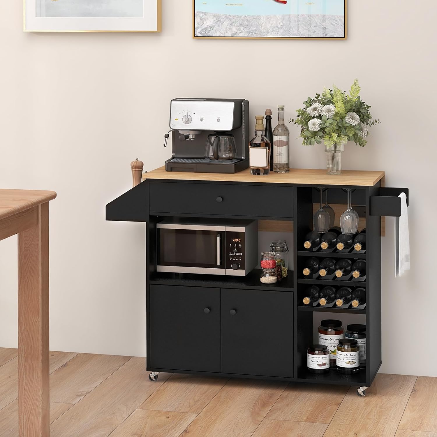 TANGZON Kitchen Island on Wheels, Rolling Kitchen Storage Trolley with Drop Leaf Worktop, Drawer, Wine Rack, Glass Holder, Open & Adjustable Shelf, Utility Bar Serving Cart Sideboard (Black)