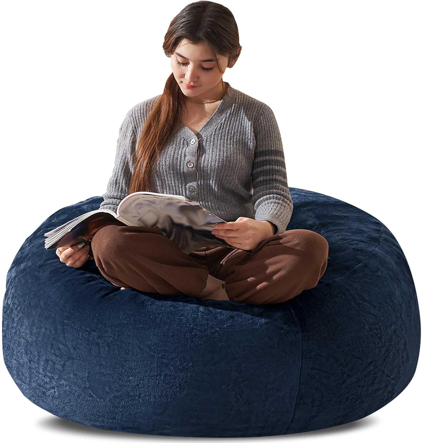 Bean Bag Chair 3Ft, Memory Foam Filled, Large Beanbag Chairs for Adults and Teens, Soft Sofa with Removable Flannel Cover, Round Couch for Living Room Bedroom College Dorm (Blue, 3FT-36×36"×24")