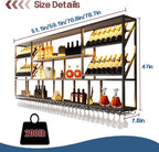 3 Tiers Large Wall Mounted Wine Rack with Glass Holder, Modern Metal Hanging Liquor Shelves, Holds Bottles at 2 Tilt Angles (45° 90° ) for Bar Home Bar Dining Room Cafe Decorative (Black, 59in/150cm)