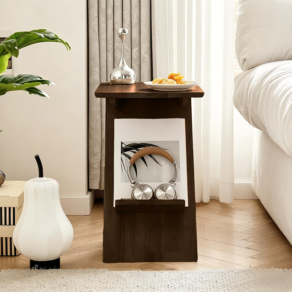 YUNMUARY-C Shaped Couch End Table,Skinny Entryway Table,Modern Wooden Nightstand,11.61 Inches Wide Walnut Slim Side Table for Bedroom,Living Room and Corners,Easy Assembly.