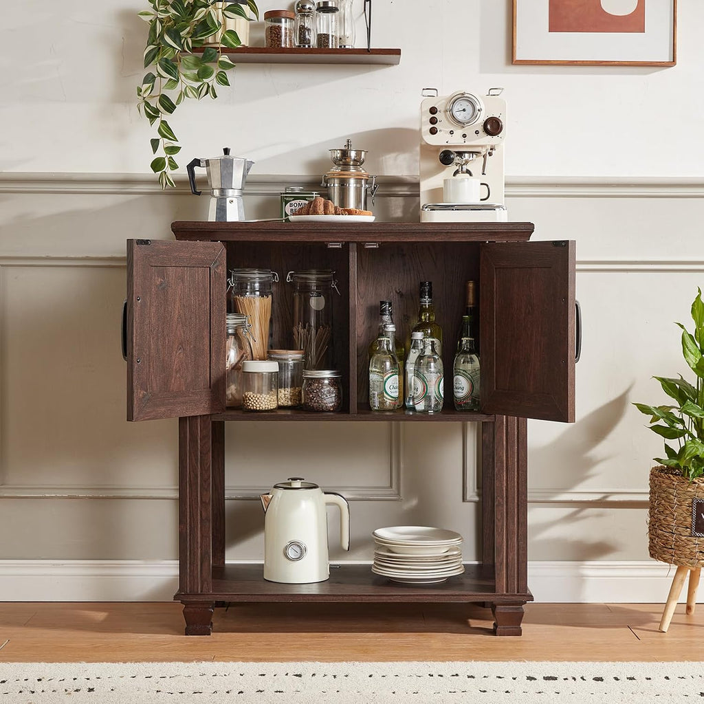 SAVOR LIFE Farmhouse Coffee Bar Table with 2-Door Cabinet, Kitchen Storage Cabinets with Open Shelf, Coffee Station for Dining Room, Kitchen, Hallway, Living Room, Walnut