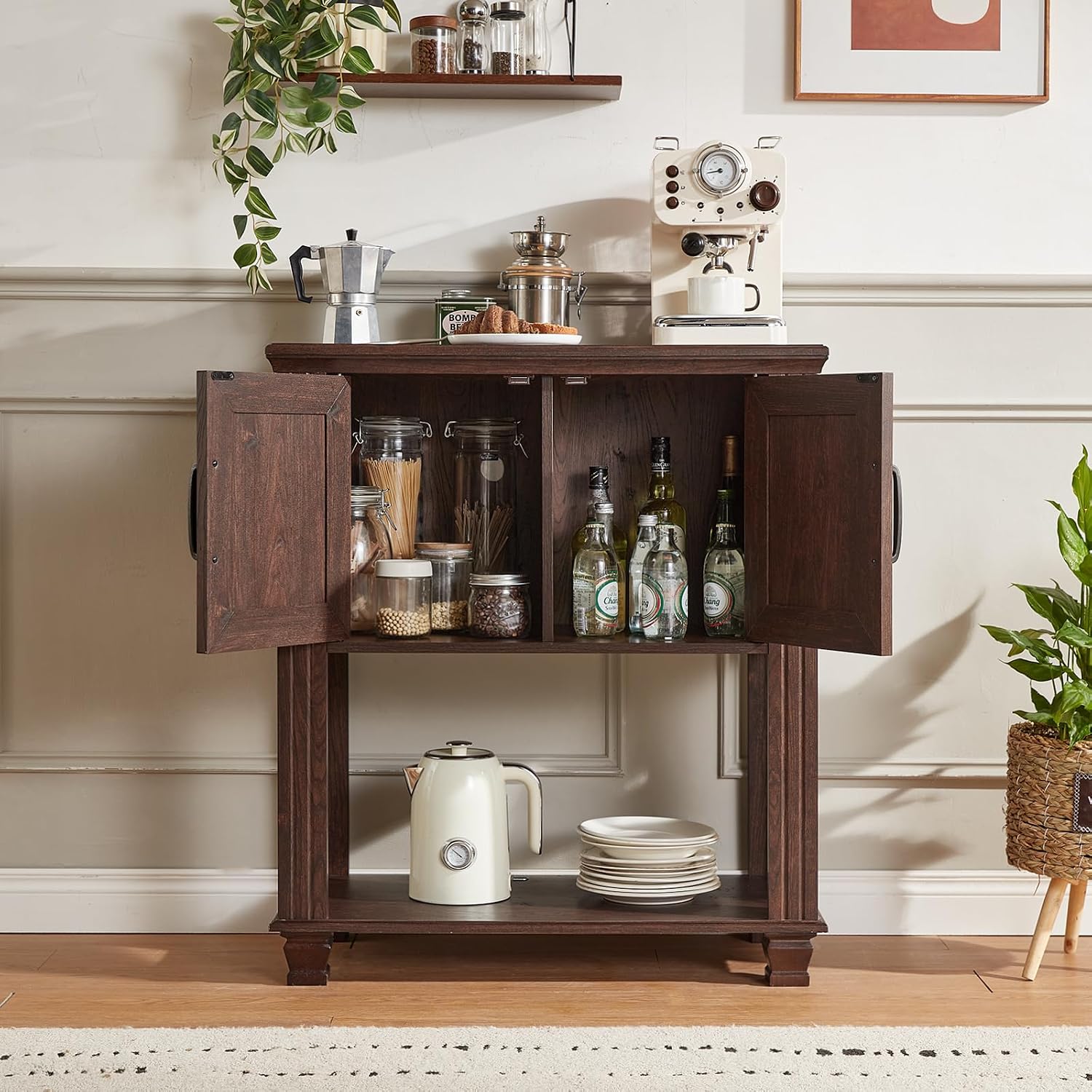 SAVOR LIFE Farmhouse Coffee Bar Table with 2-Door Cabinet, Kitchen Storage Cabinets with Open Shelf, Coffee Station for Dining Room, Kitchen, Hallway, Living Room, Walnut
