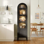 71" Narrow Arched Display Cabinet with Glass Doors, 5-Tier Curio Cabinet with LED Lights for Collectibles, Tall Bookcase Kitchen Pantry Storage Cabinet for Corner, Small Space, Living Room, Black