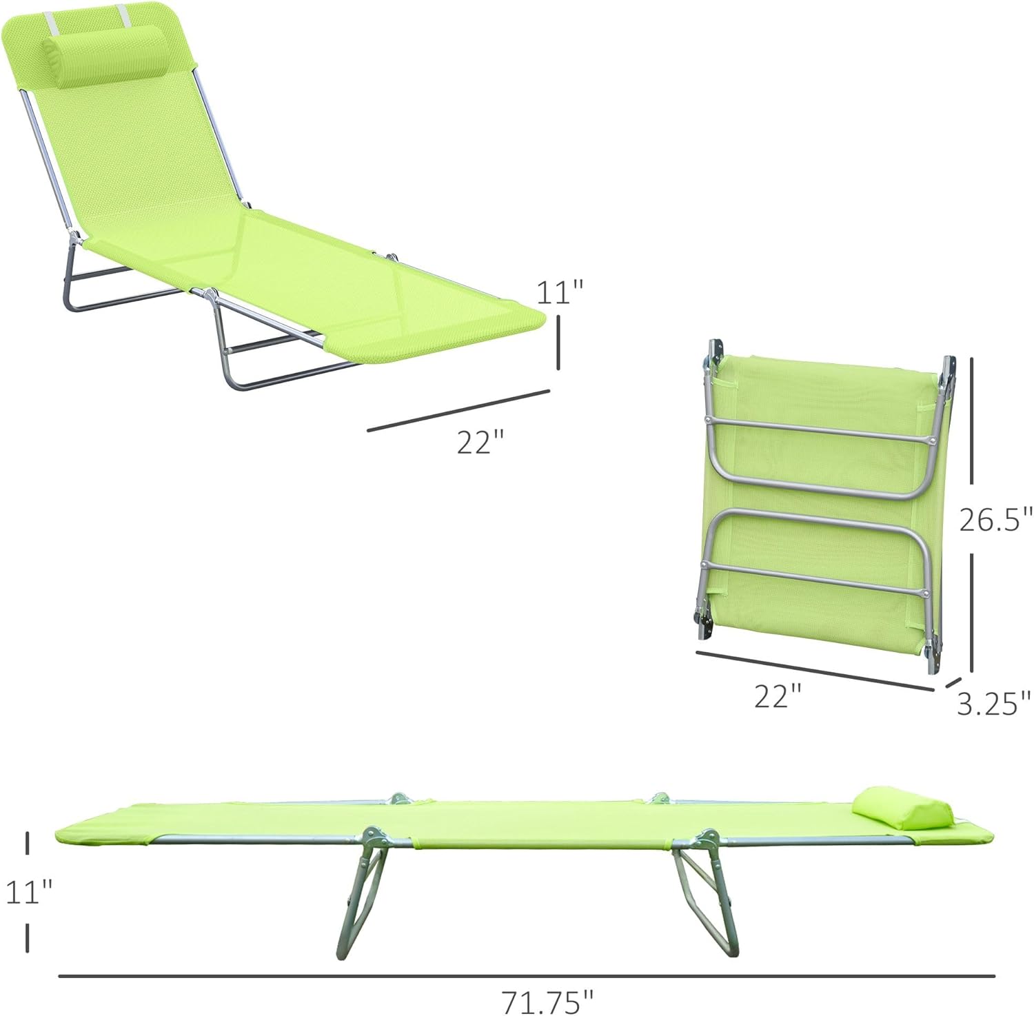 Green 6-Position Folding Chaise Lounge Chair — 265lb Capacity, Powder-Coated Steel FFor rame, Ventilated Mesh Surface, Head Pillow Included