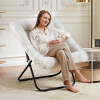 DUMOS Saucer Chair, Cozy Faux Fur Folding Chair with Sturdy Black Metal Frame, Soft Plush Padded Square Lounge for Bedroom Living Room Dorm, Anti-Slip Portable Accent, White