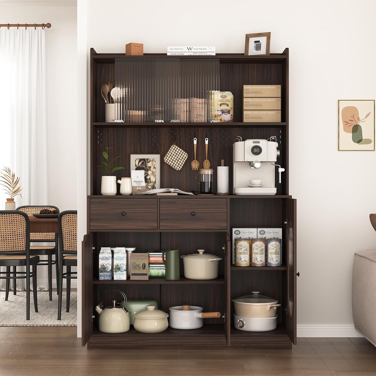 71" Freestanding Kitchen Pantry, Large Dish Storage Cabinet with Fluted Glass Doors and Microwave Stand for Kitchen, Dining and Living Room Walnut