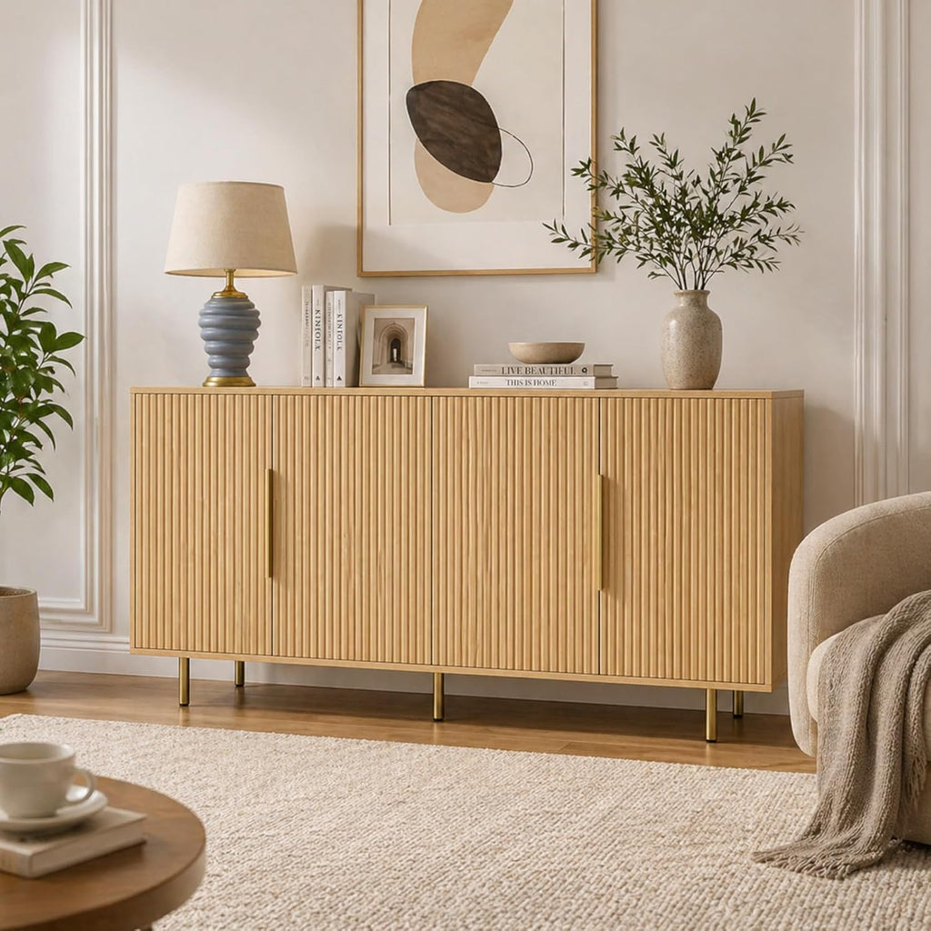 USHOWER 56" Sideboard Buffet Cabinet with Storage - 4 Fluted Doors & Adjustable Shelves, Modern Wood Credenza with Metal Legs for Living Room, Dining Room, Kitchen, Entryway, Large Countertop Space