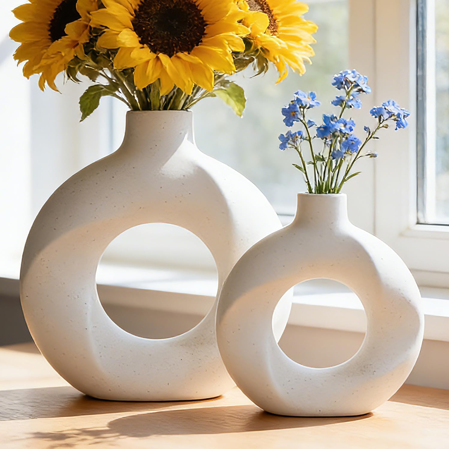 Donut Ceramic Vase Set of 2,Nordic Modern,Hollow,Decorative Ceramic Aesthetic Flower Vase for Home Decor Table Centerpiece Wedding Dining Living Room Office Bookshelf (White)